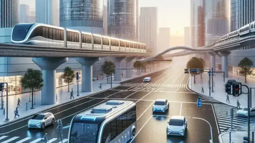 "Diagram sistem transportasi otonom untuk angkutan massal perkotaan, menunjukkan integrasi teknologi kendaraan tanpa pengemudi dan infrastruktur kota modern."