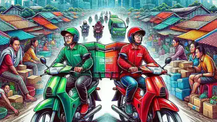 "Ilustrasi Gojek dan Grab yang bersaing dengan layanan berlangganan premium baru, menampilkan logo kedua layanan transportasi online di latar belakang kota modern"